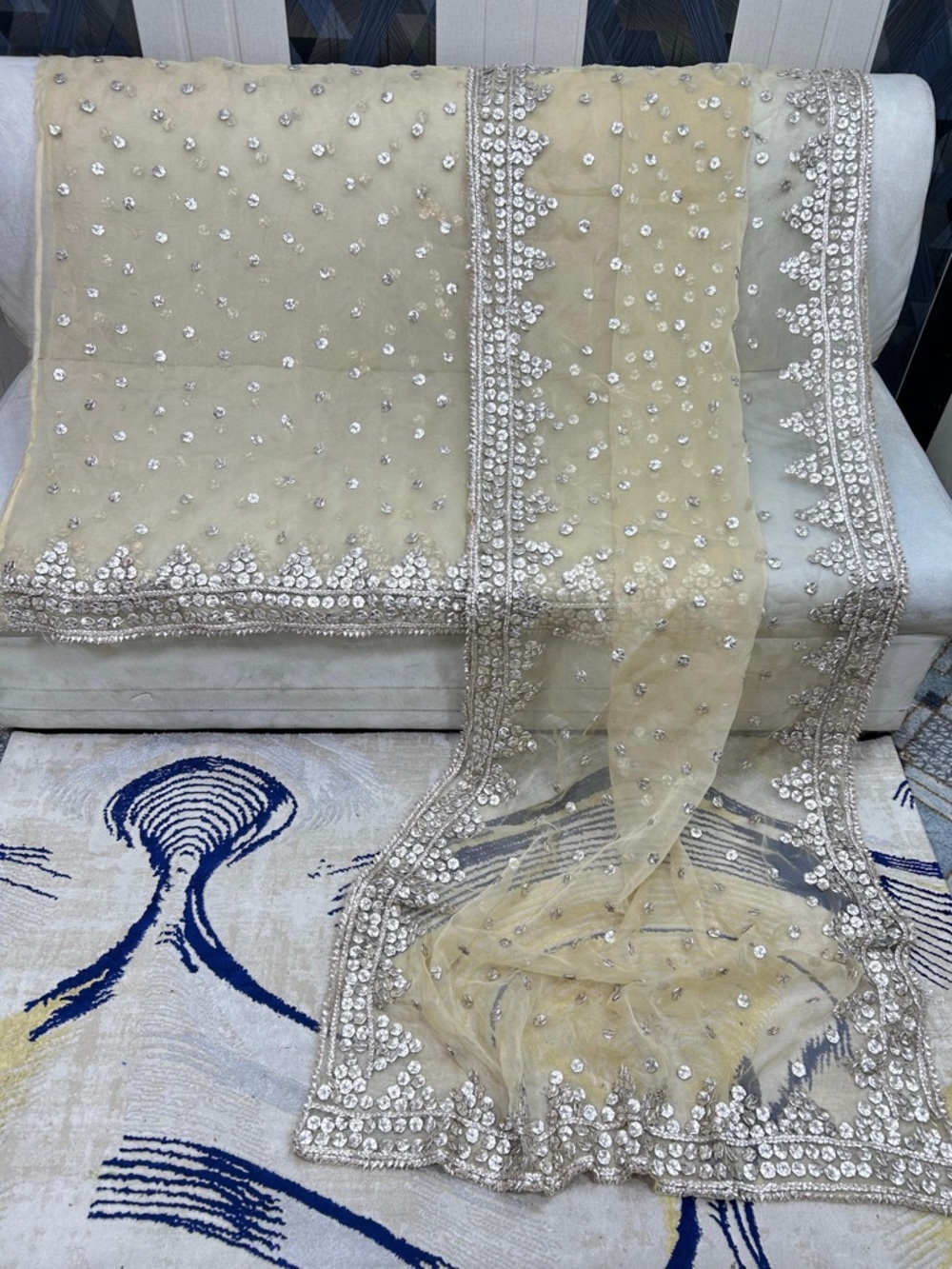 Beaded Champagne Net Dupatta with Silver gota work. Hand made.